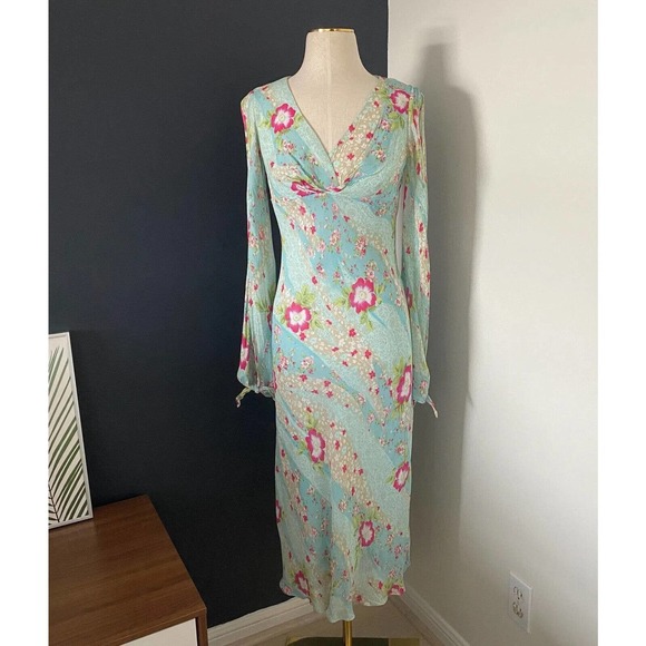 Carrie Hutton Y2K V-Neck Floral Flowy Midi Dress Cut Out Sleeves - Picture 2 of 15